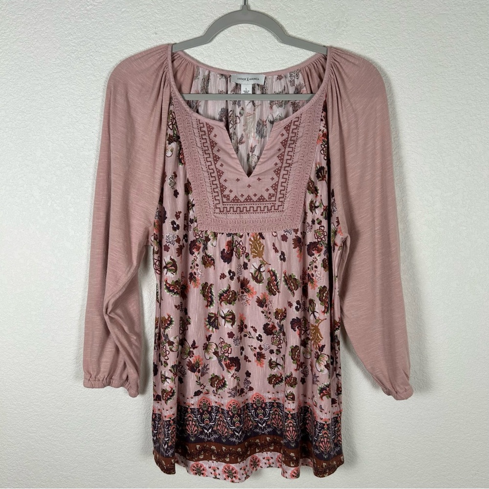 Vintage America Women Sz L peasant top w/embroidery and lace yoke, raglan sleeve